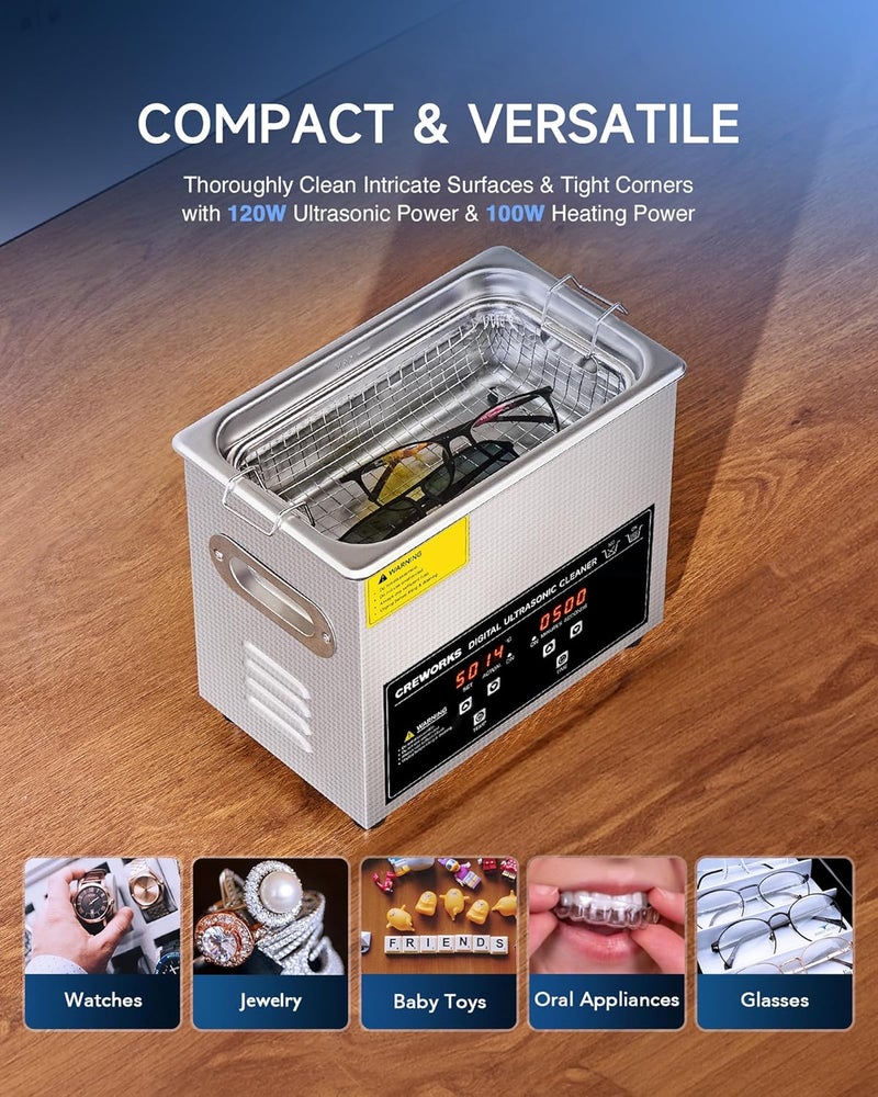 CREWORKS 3L Ultrasonic Cleaner, 0.8 gal Digital Sonic Cavitation Machine, 120W Stainless Steel Professional Jewelry Cleaner for Cleaning Tool Watch Glasses Retainer Denture Parts with Heater & Timer - Image 5